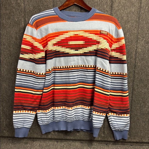 Zilker Brewing Co. Vibrant Red and Orange Crewneck Sweater with Geometric Design - Picture 1 of 4